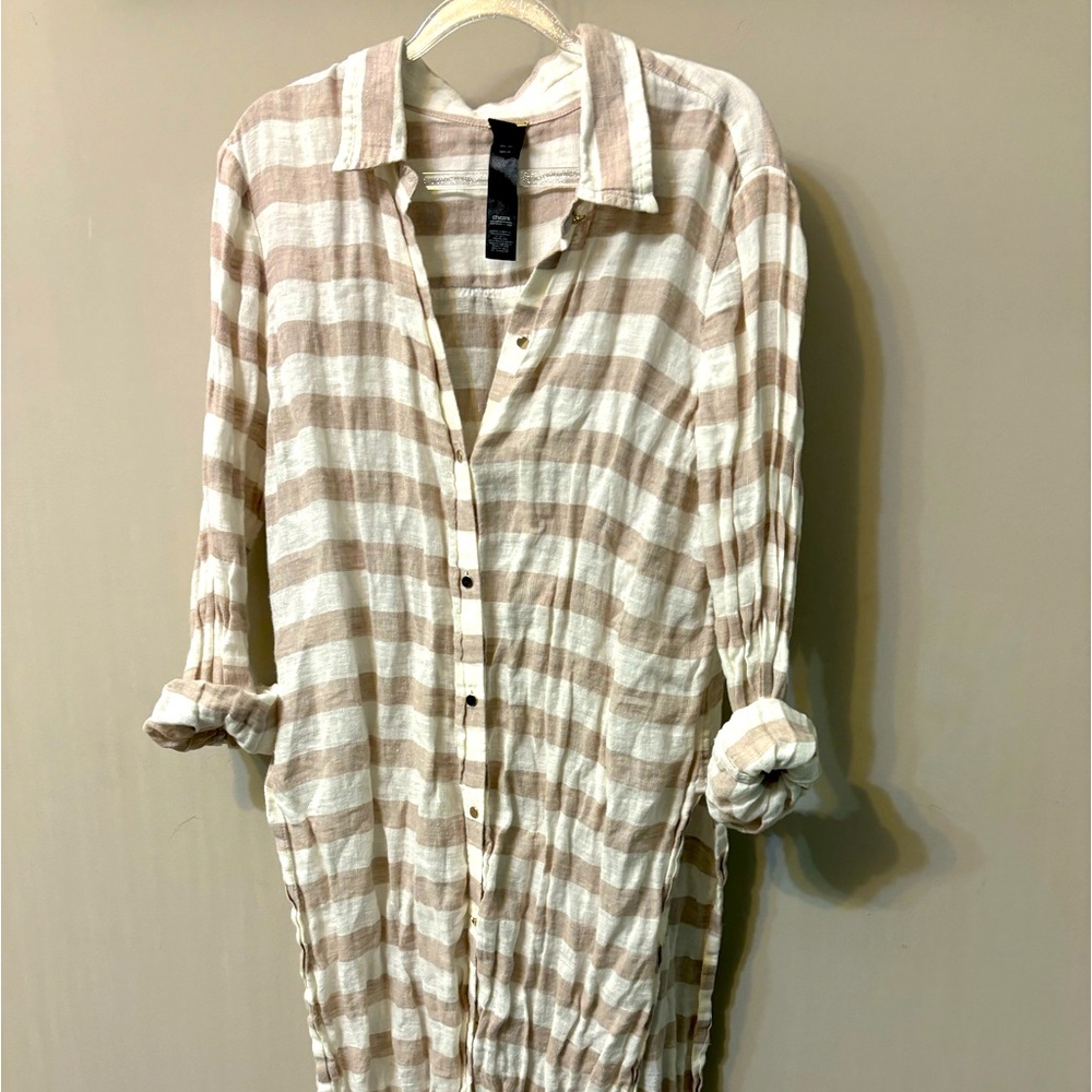 Chicos linen midi Dress Womens Sz 3 Tan Striped Coastal Core Beachy Summer Pool